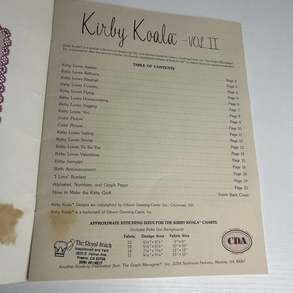Vintage Kirby Koala Cross Stitch Pattern Book Vol. 2 , 17 Counted Designs